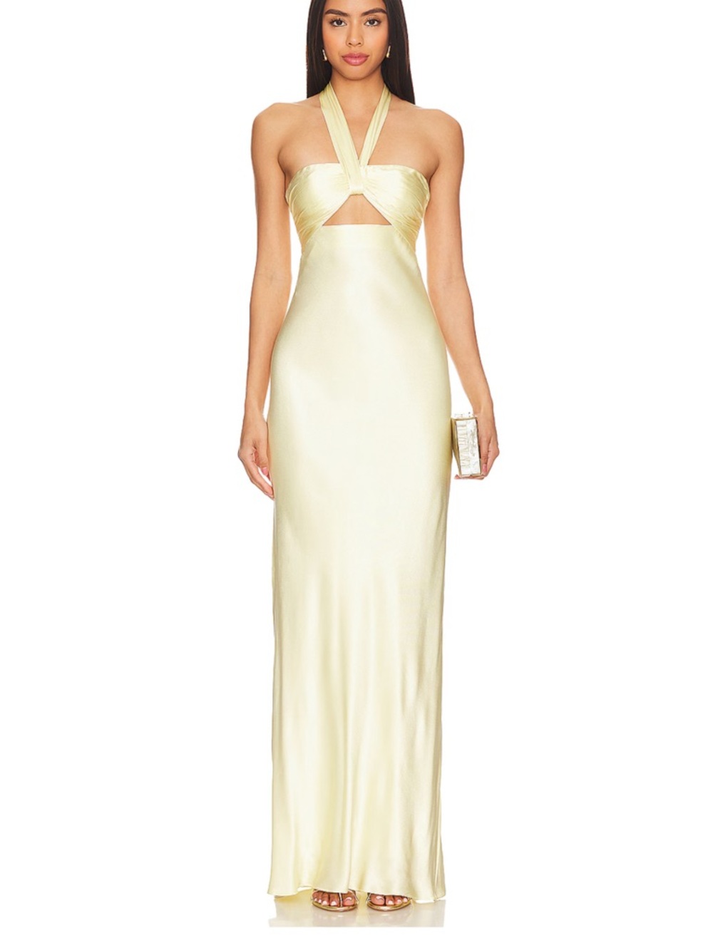 Satin Halter Twist Cutout Gown in Pale Yellow